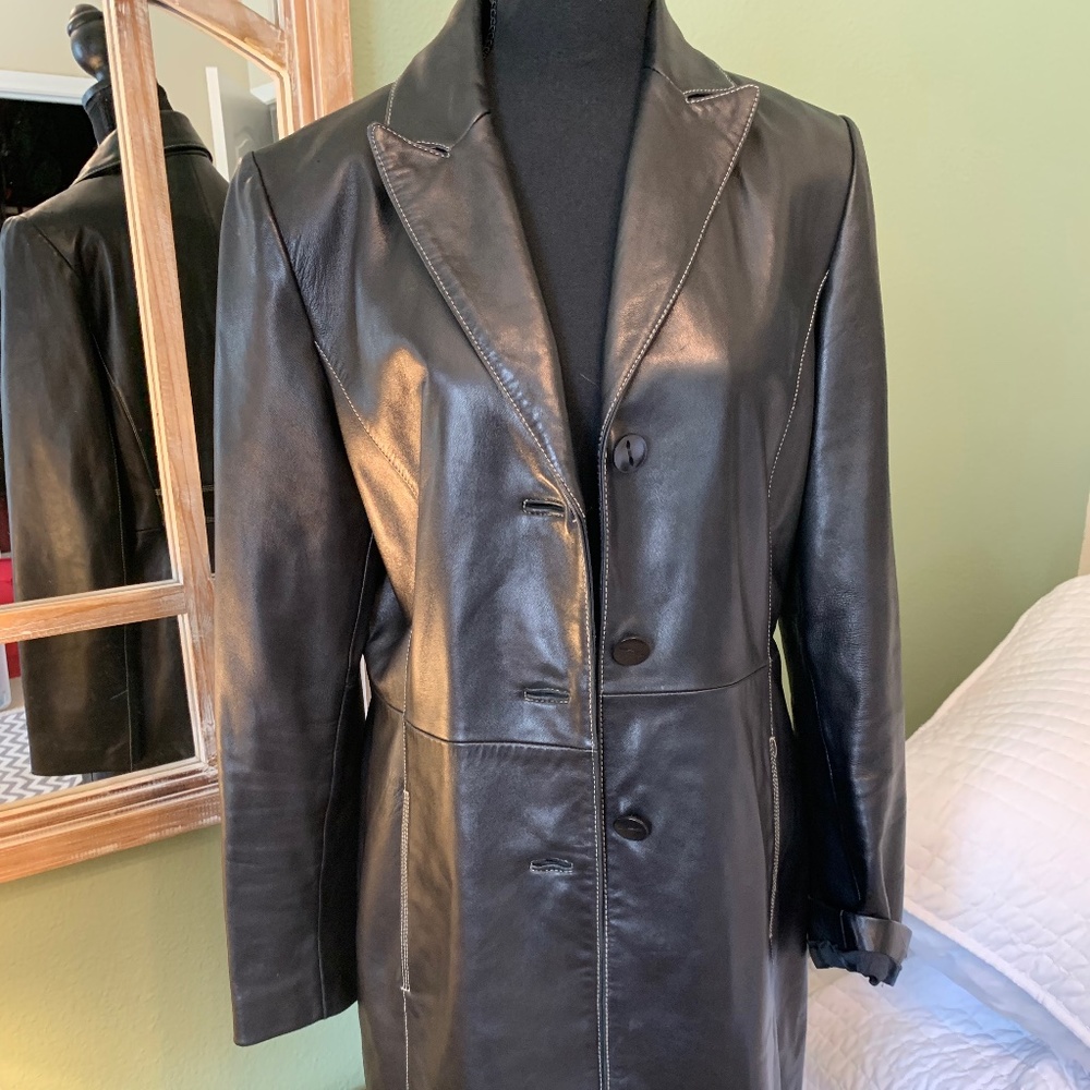 Kenneth Cole New York Black Leather Long Blazer Jacket